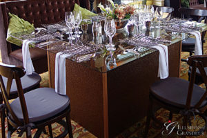 Hammered Bronze Tables 58" x 68" Glass Tops x 30"h