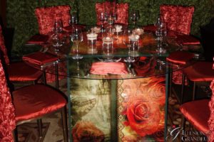 Cube Tables / Vintage Rose Image 60" round Glass Tops x 30"h Different Images available