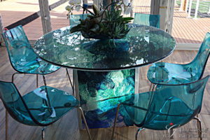 Abstract blue green Tables 48" round Glass x 30"h
