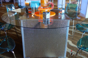 Hammered Silver Tables 60" round Glass x 30"h