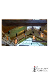 Wooden Boxes with oversized Edison Lightbulbs 9"x72"x48"H