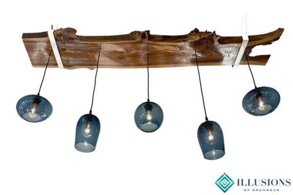 Live Edge Slabs with Blue Glass Pendants